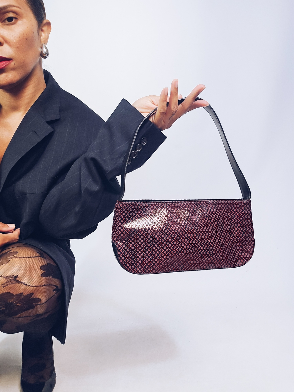 Leather Burgundy Snake-Effect Shoulder Bag with Black Strap